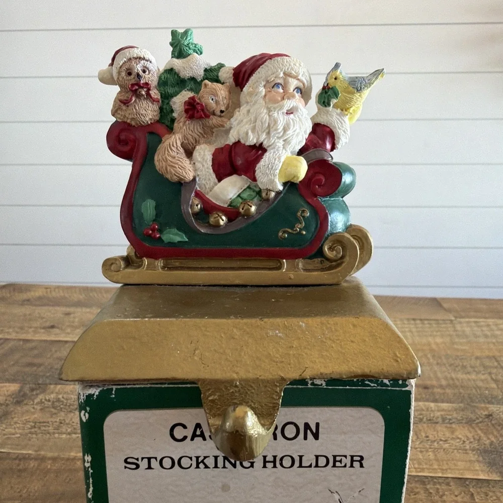 Cast Iron Base Santa On Sleigh With Birds Christmas Stocking Holder Vintage